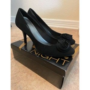 Fioni Night -Faux Suede Rose Embellished Heels - Sz 9.5